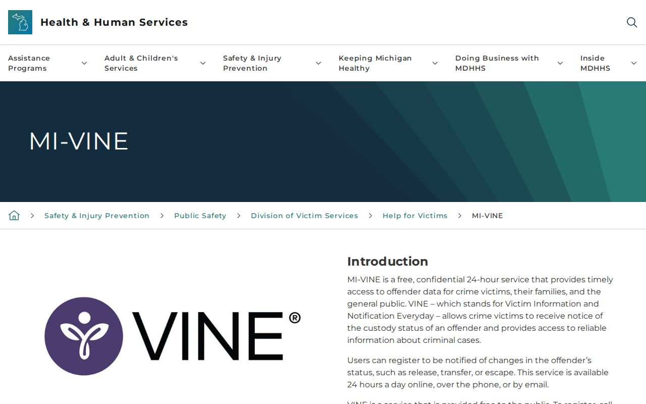 Official Michigan MI-VINE custody notification information page