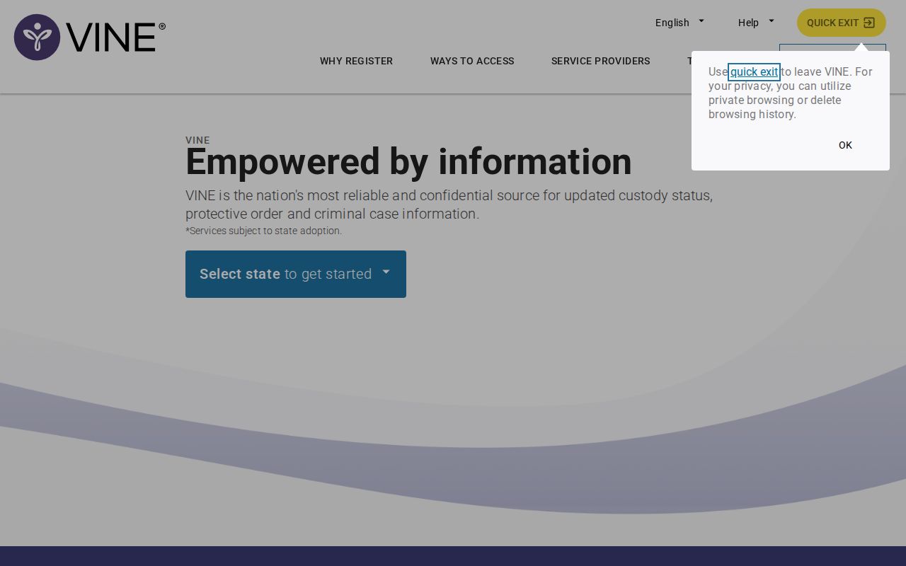 VINELink public custody search interface for selecting a state and finding a person