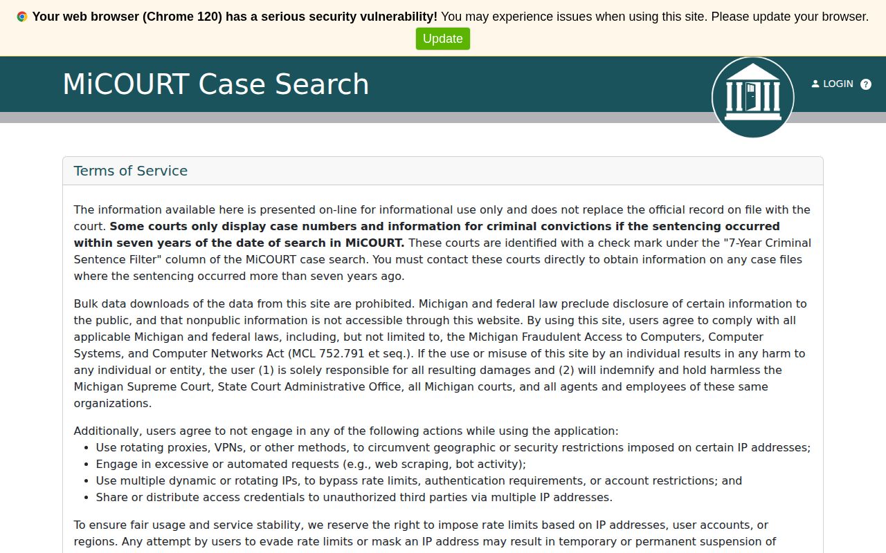 Michigan MiCOURT official case search interface for Alger County cases