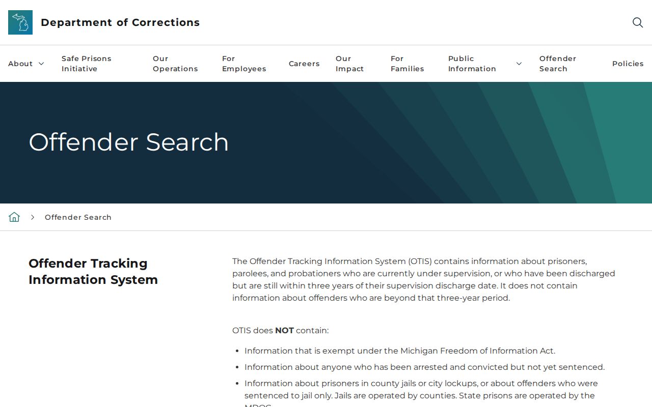 Michigan Department of Corrections OTIS offender search landing page