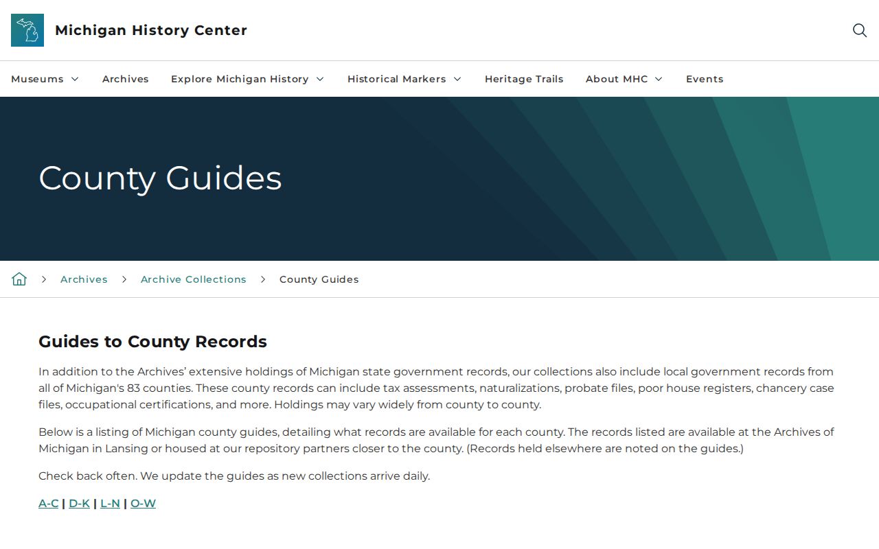 Archives of Michigan official county records guide page