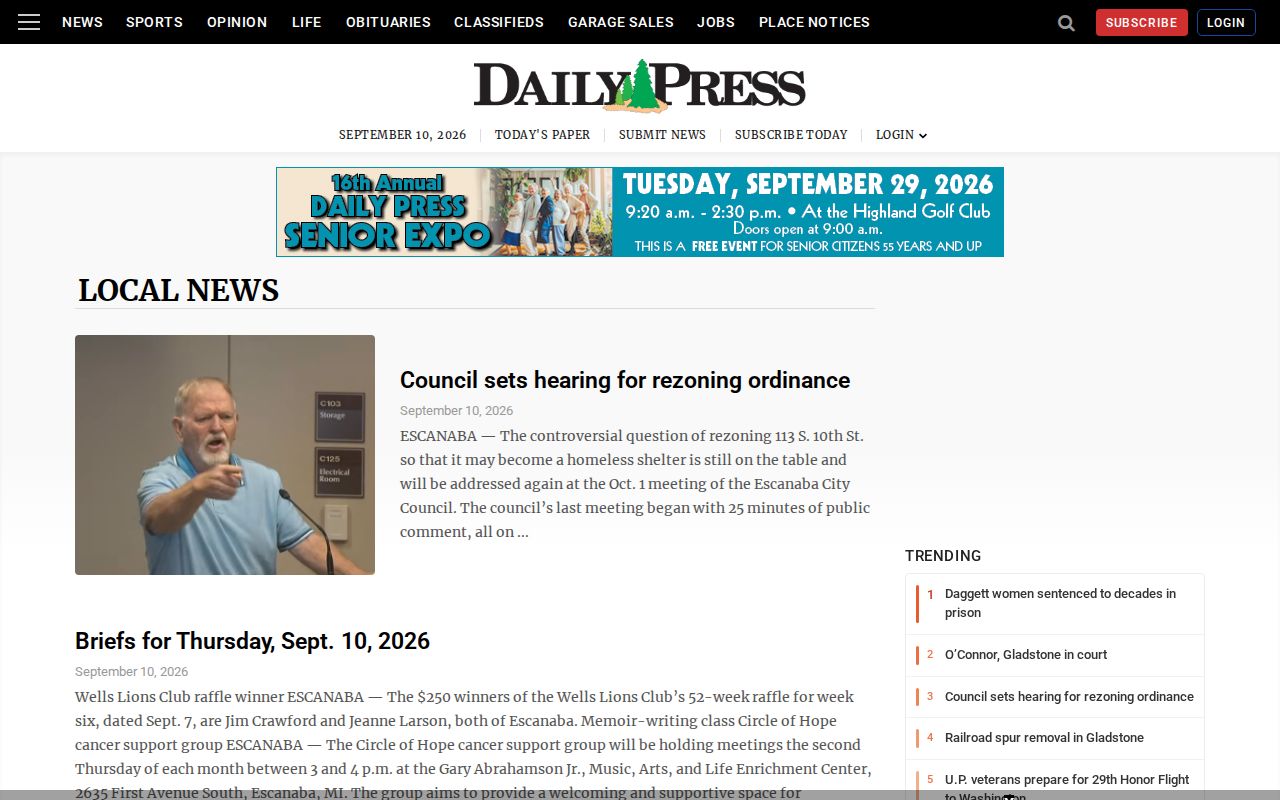Daily Press regional local-news page covering selected Alger County cases