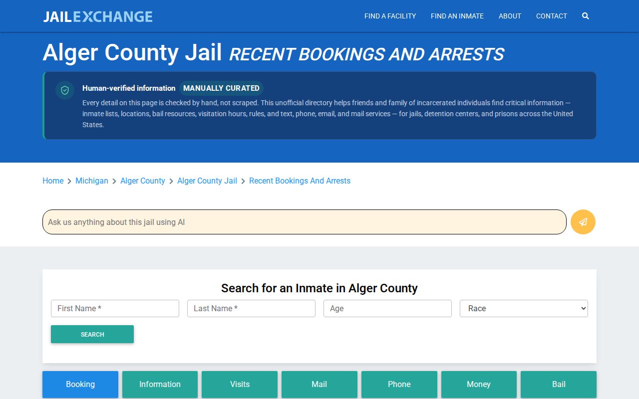Unofficial JailExchange Alger County recent bookings directory page